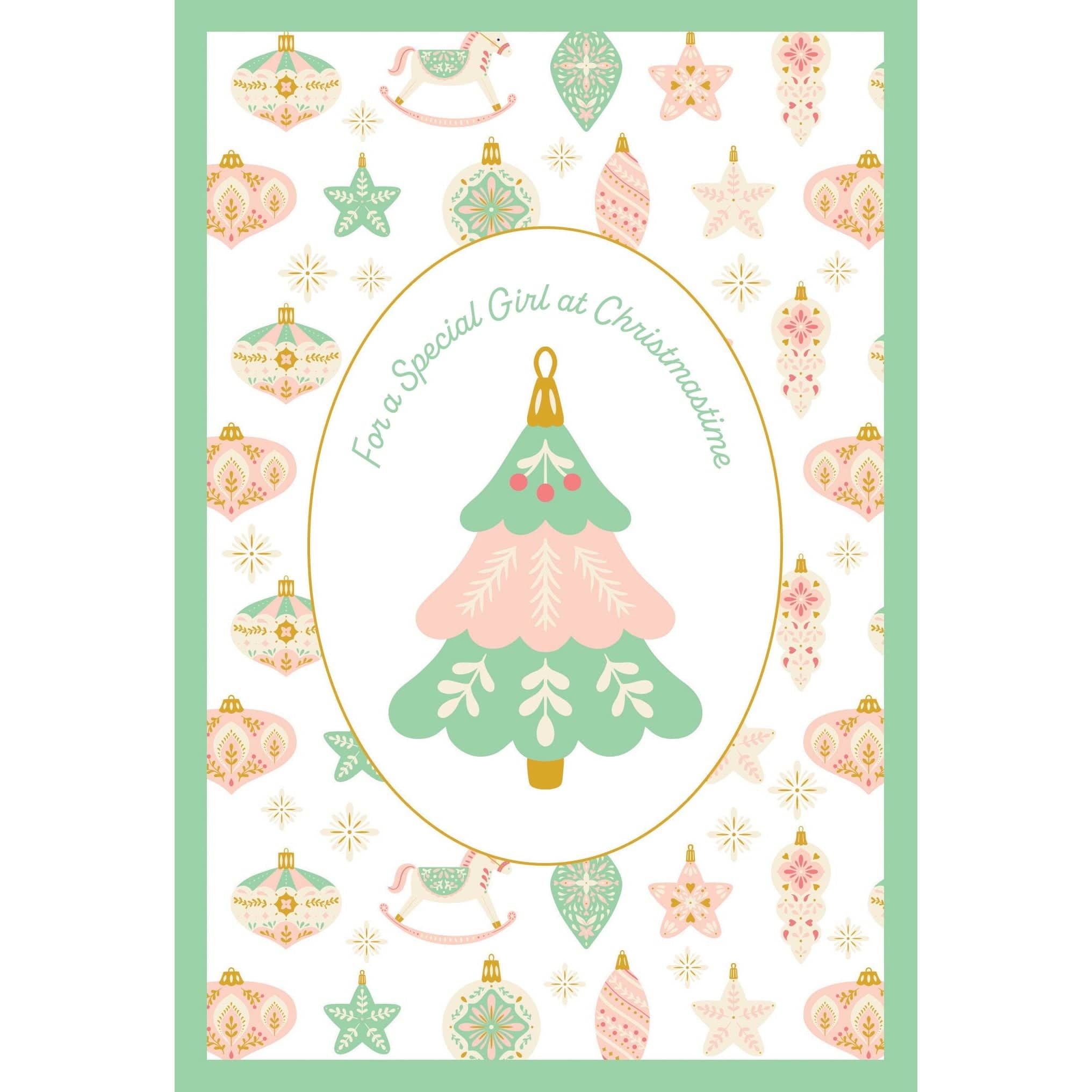 Pictura seasonal Christmas card featuring delicate ornaments and a special girl illustration, perfect for holiday greeting messages.
